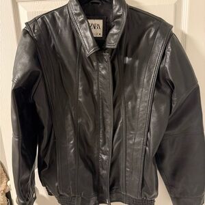 Zara Women Oversized Faux Leather Black Bomber Jacket